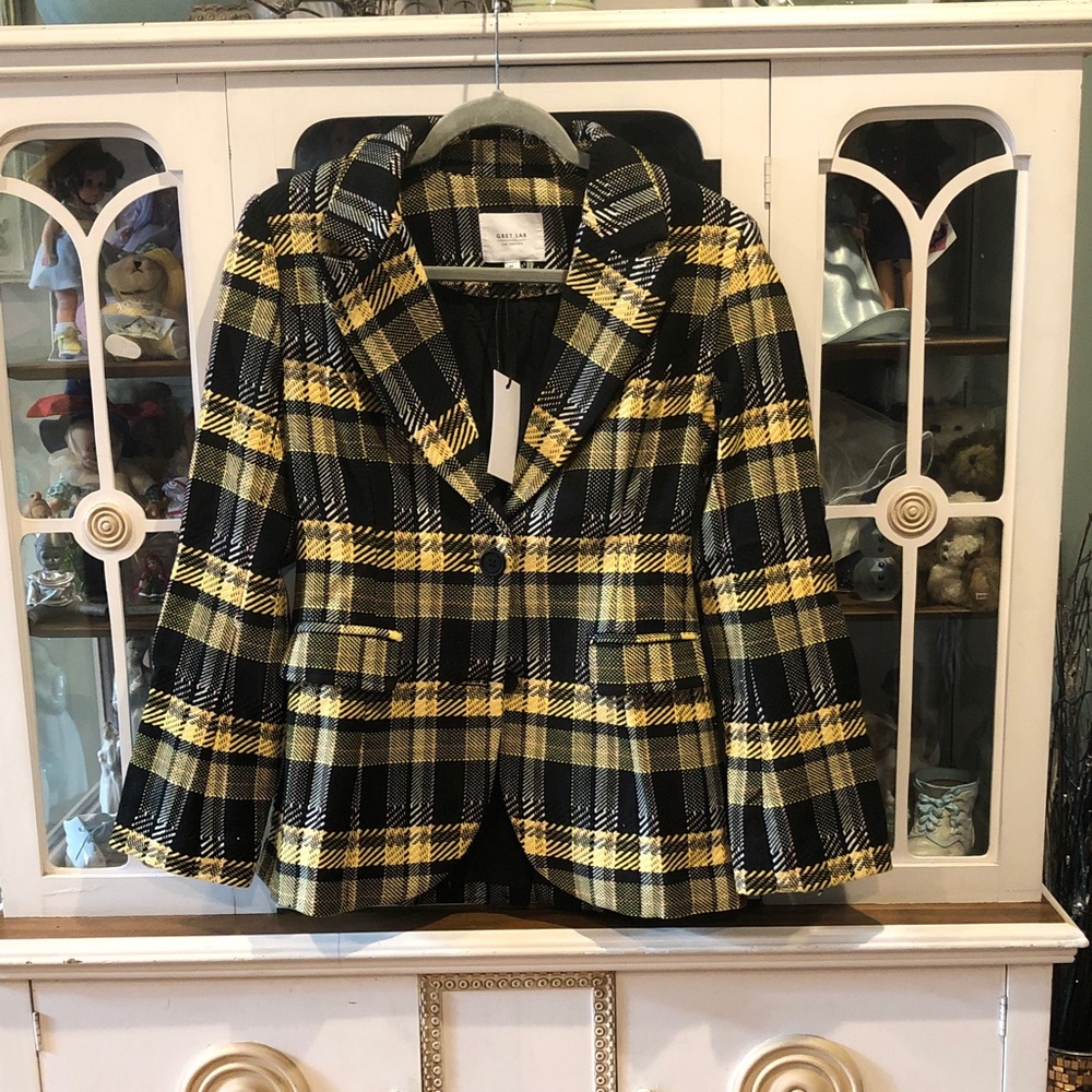 New with tag GREY LAB Black & Yellow Plaid Blazer